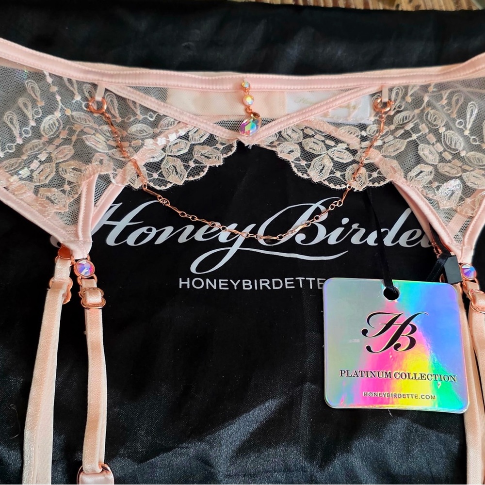 Honey Birdette ruby pink diamonds Garter Belt size Medium NWT